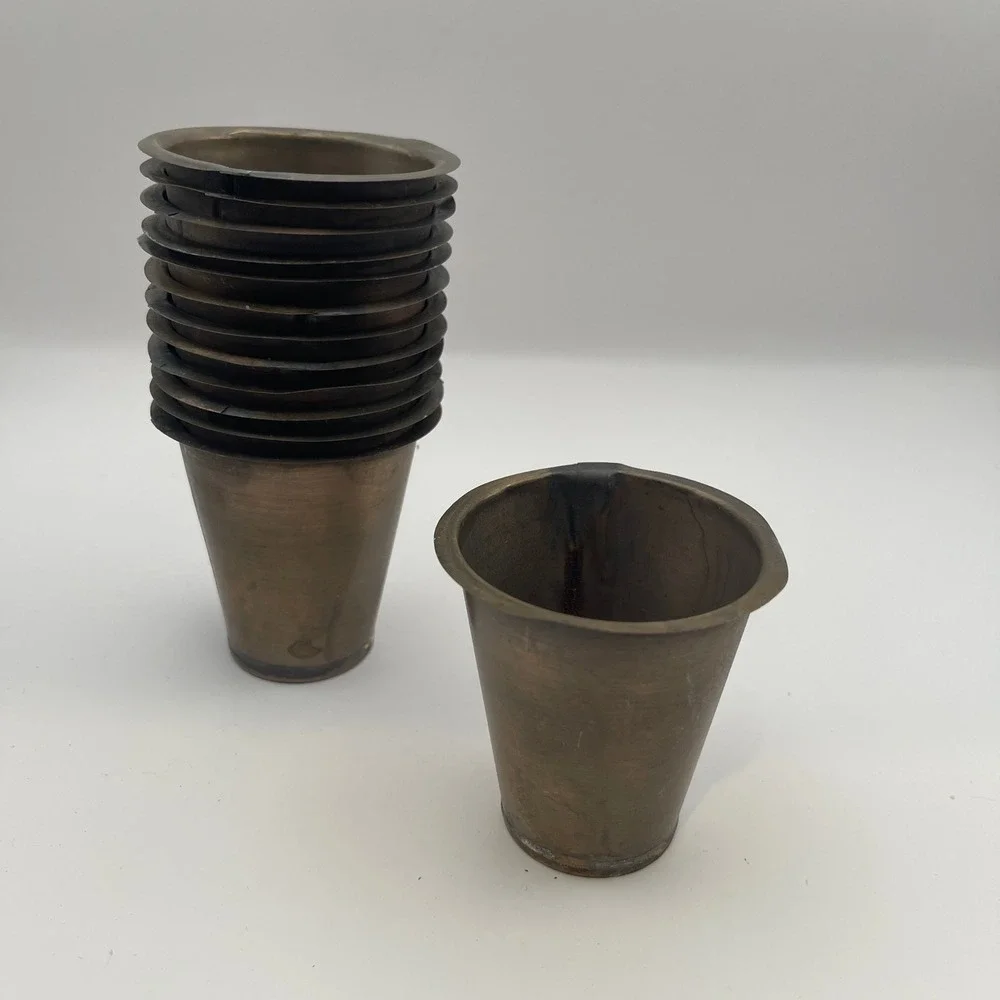 Vintage Industrial Metal Nesting Cups Set of 13 Tapered Stackable Aged Patina